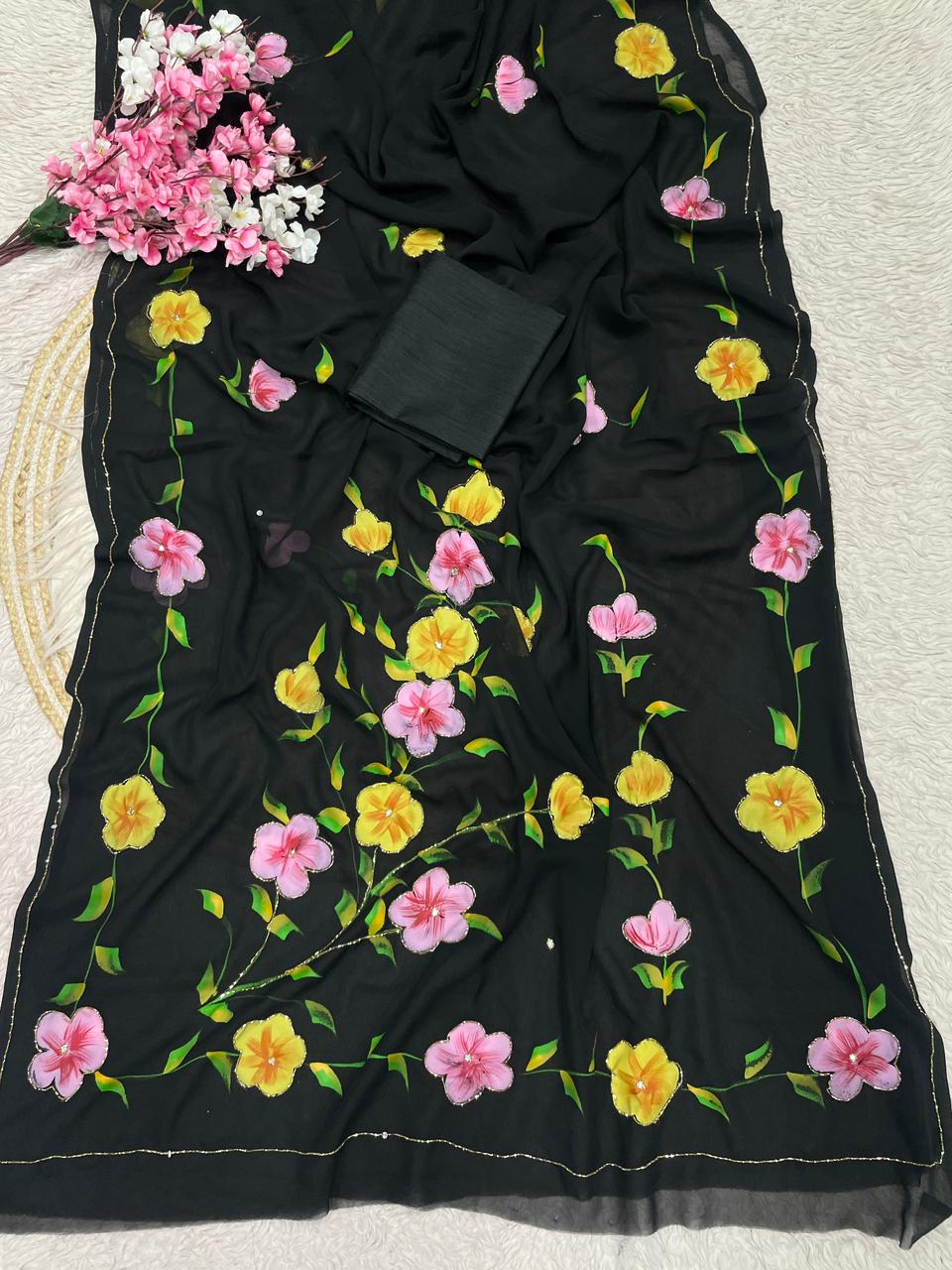 Hand Painted Black Floral Saree