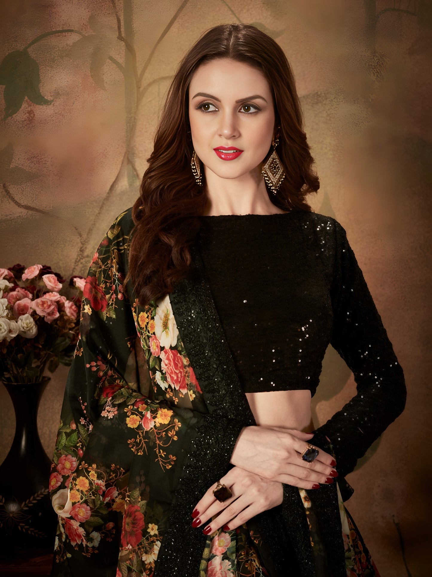 Organza Black Floral Party Lehanga