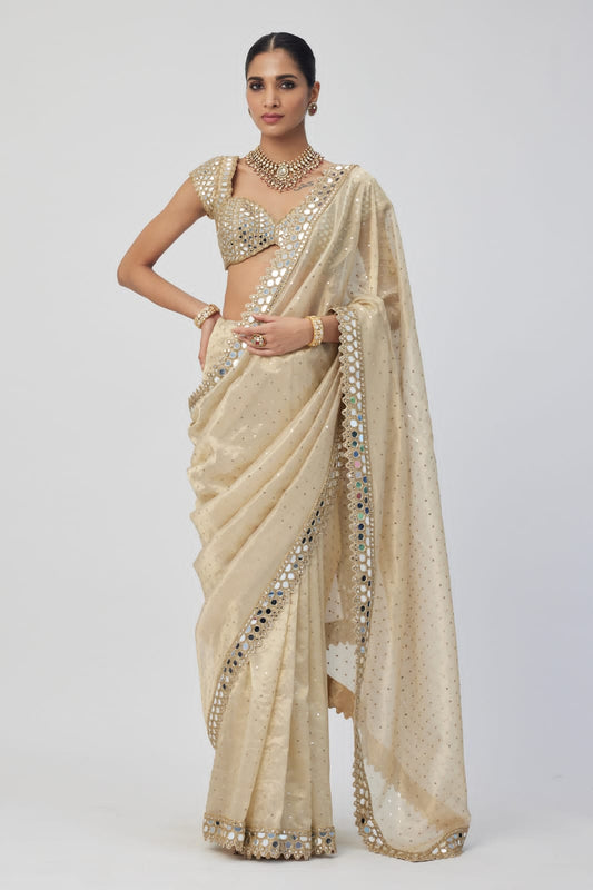 Mirror Work Premium Organza Saree with stiched blouse