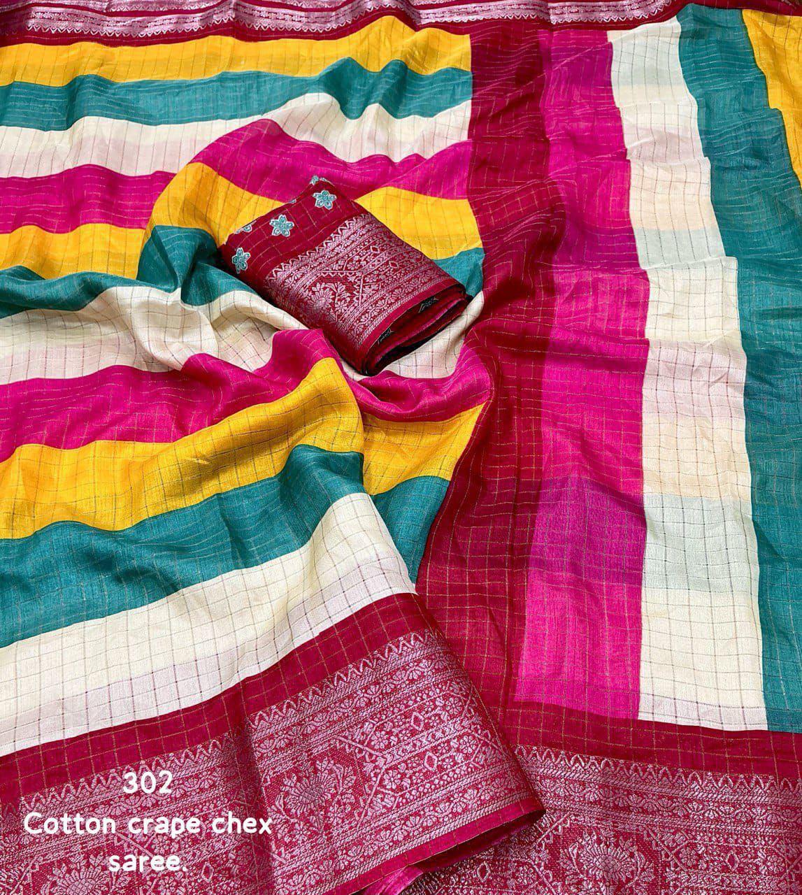 Colorful Soft Cotton Crepe Vibrant Saree