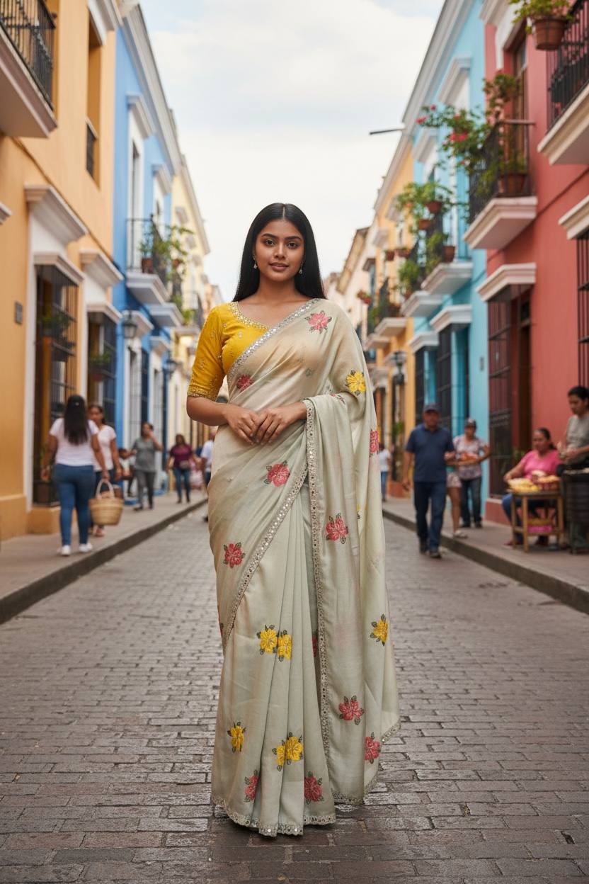 Premium Floral Embroidery Real Mirror Work Party Pastal Saree