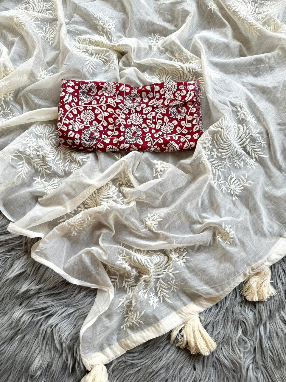 White Red Summer Cool Saree