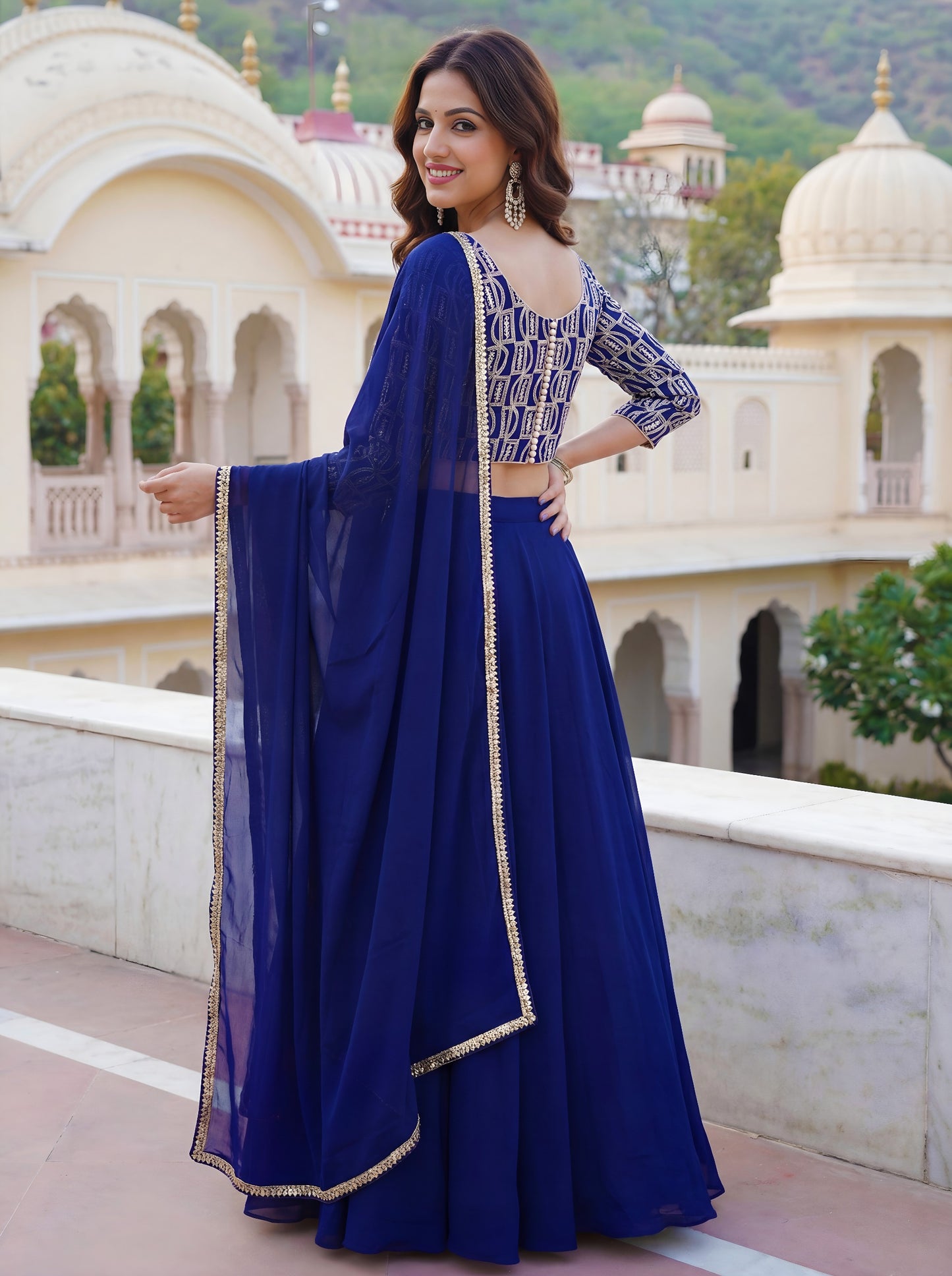 Royal Blue Embroidered Georgette Lehenga Set