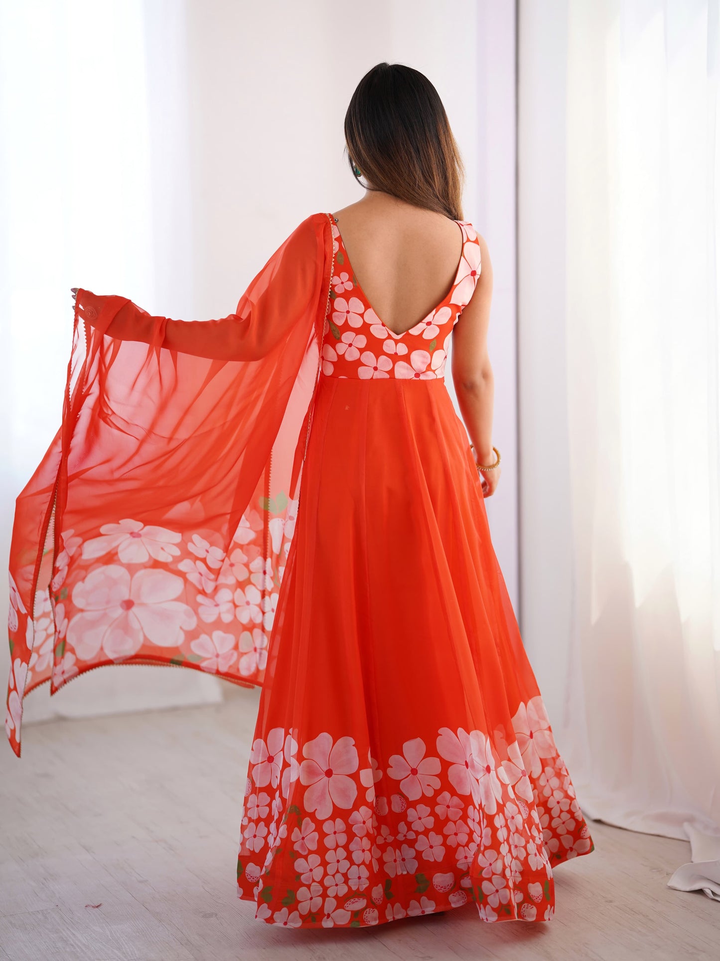 Orange Auspicious Handworked Gown (Ready To Wear)