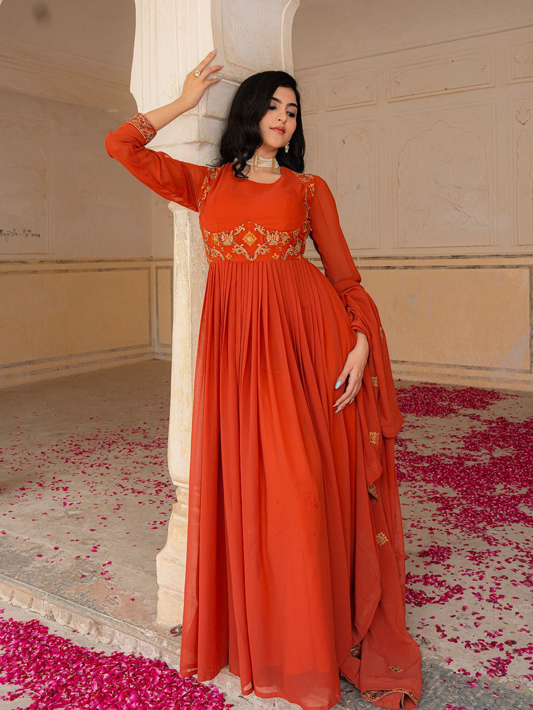 Red Hot Gown Dupatta Set - Ready To Wear