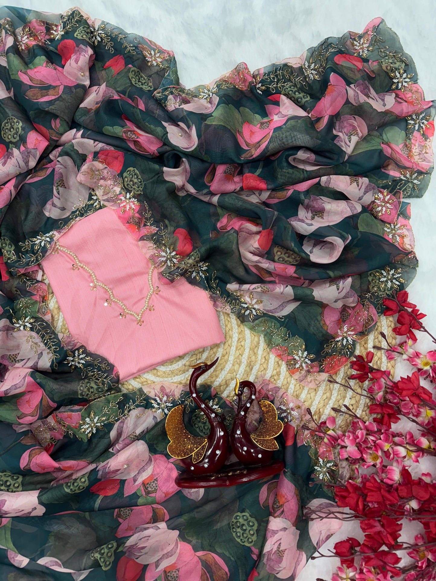 Timeless Premium Green Floral Creative Saree