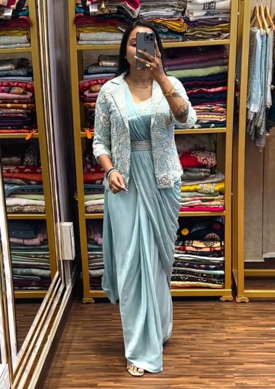 Koti Jacket Style Ready To Wear Trending Embroidery Sequence Work Saree