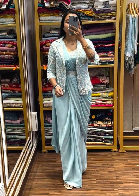 Koti Jacket Style Ready To Wear Trending Embroidery Sequence Work Saree