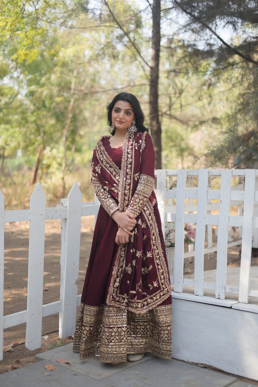 Premium Maroon Designer Gown Dupatta Set