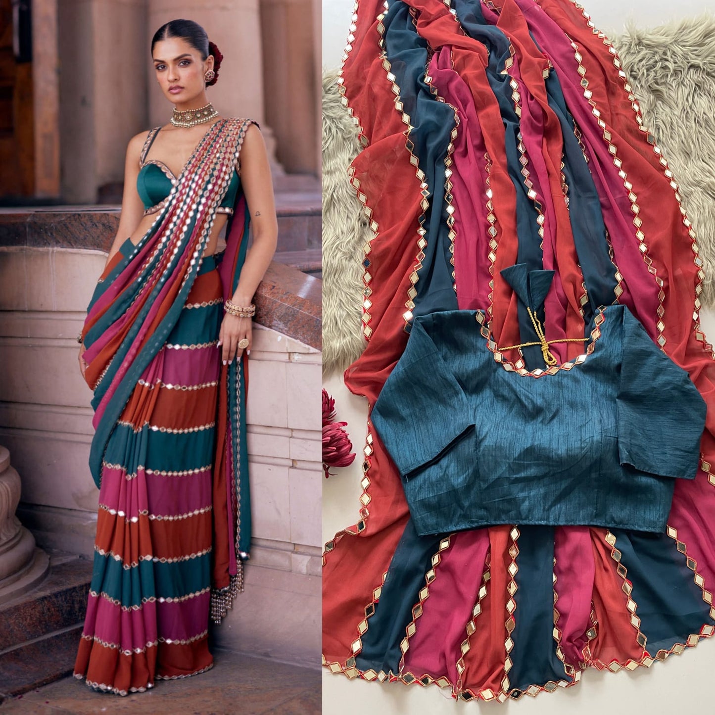 Mirror Work Bling Elegant Party Striped Saree