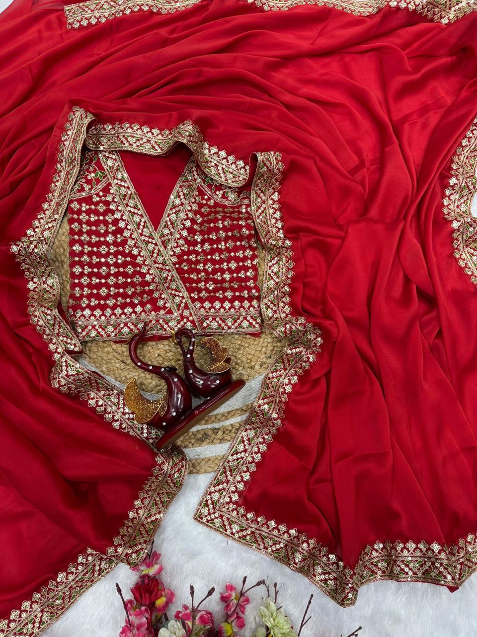 Impressive Red Sequins Premium Eye Catching Saree