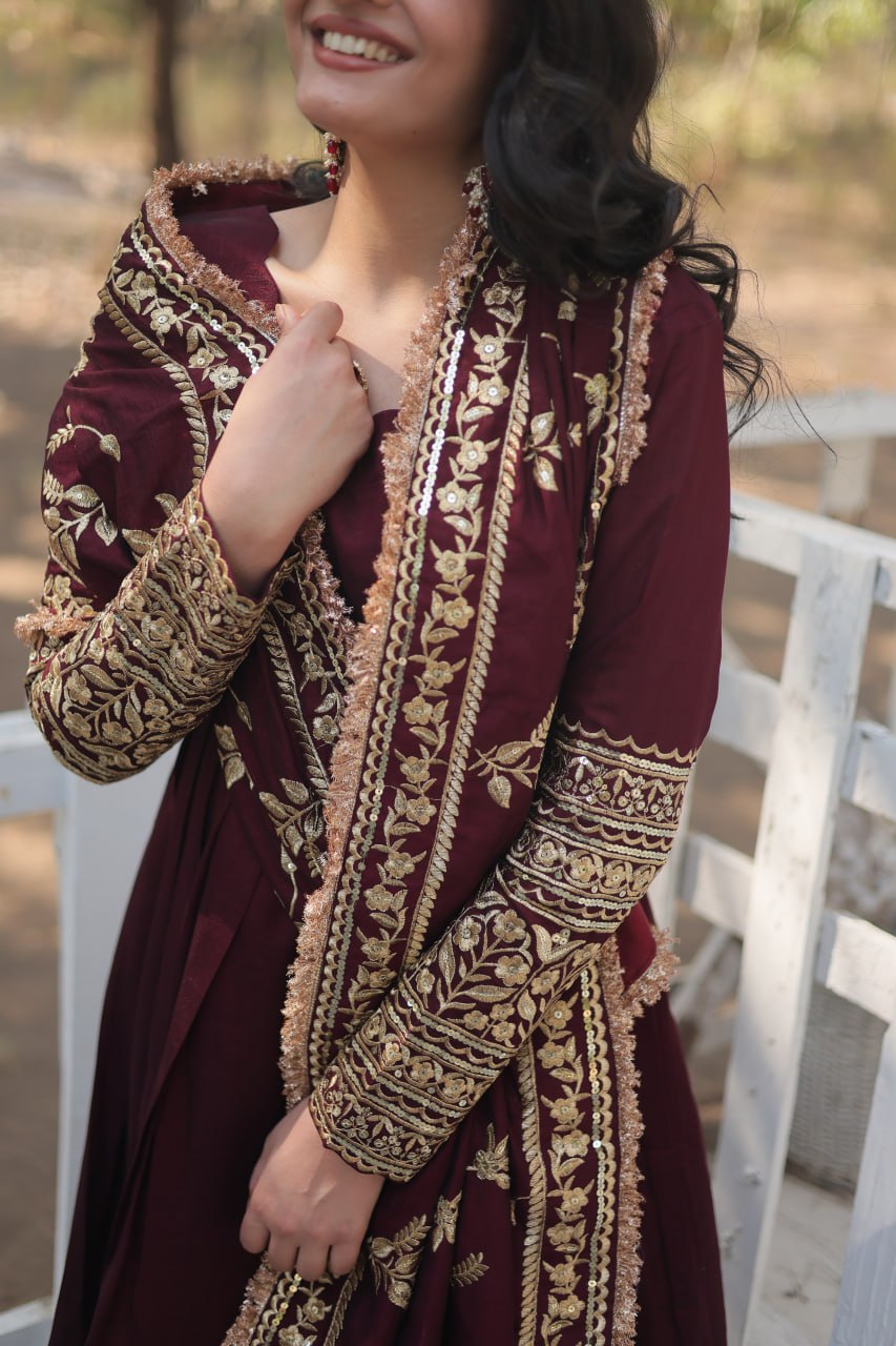 Premium Maroon Designer Gown Dupatta Set