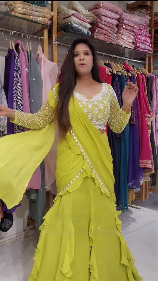 LEMON YELLOW RUFFLE READY TO WEAR SAREE