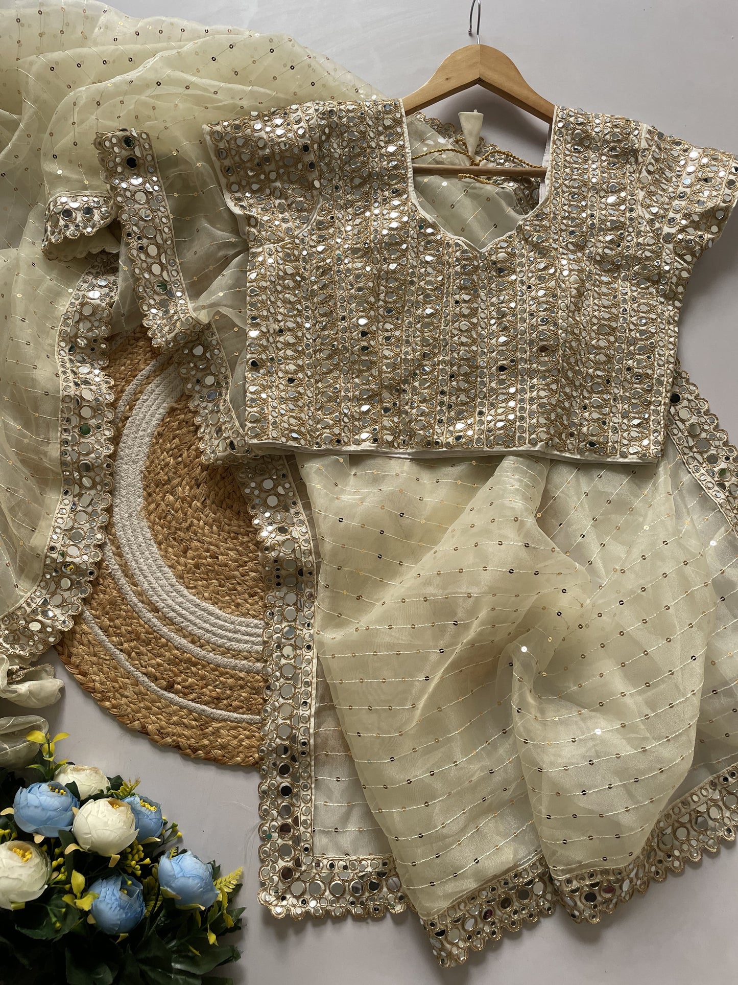 Mirror Work Premium Organza Saree with stiched blouse