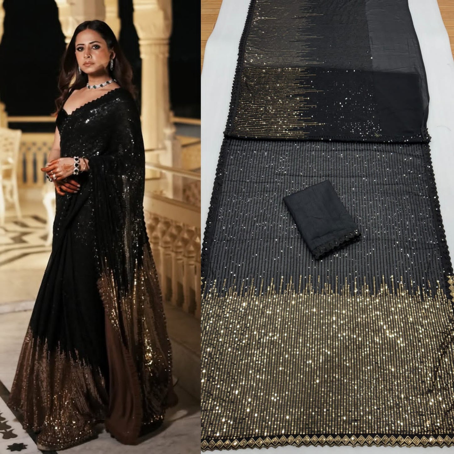 Black 🖤 Duo Gold 🪙 Bling Party Charm Sequins Work Saree