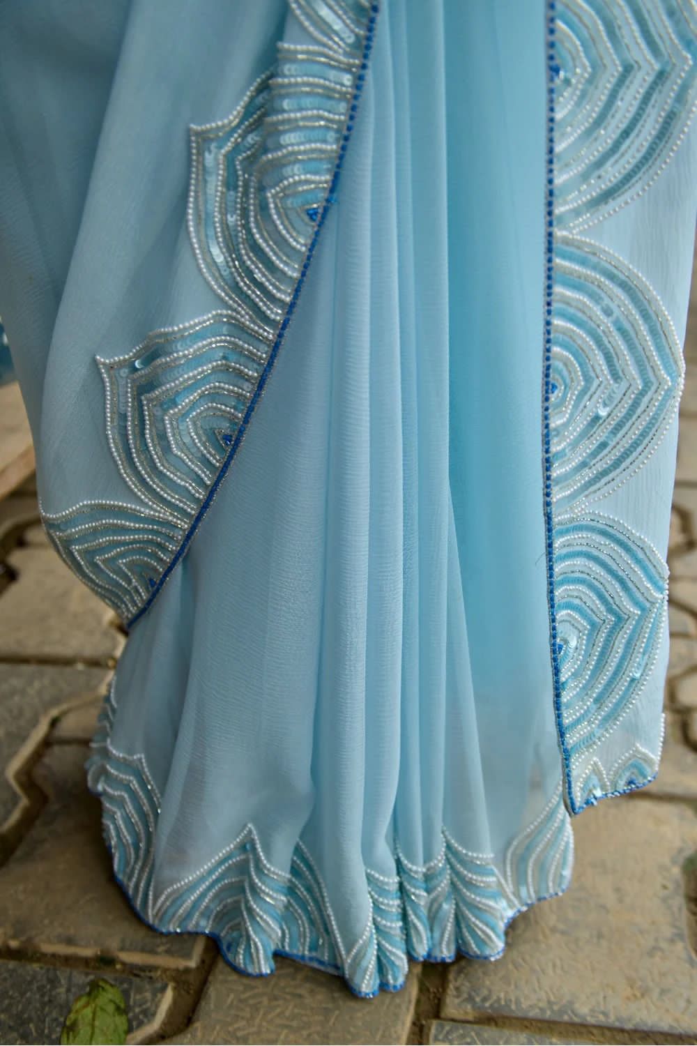 SKY BLUE CELEBRITY STYLE PEARL HANDWORK SAREE