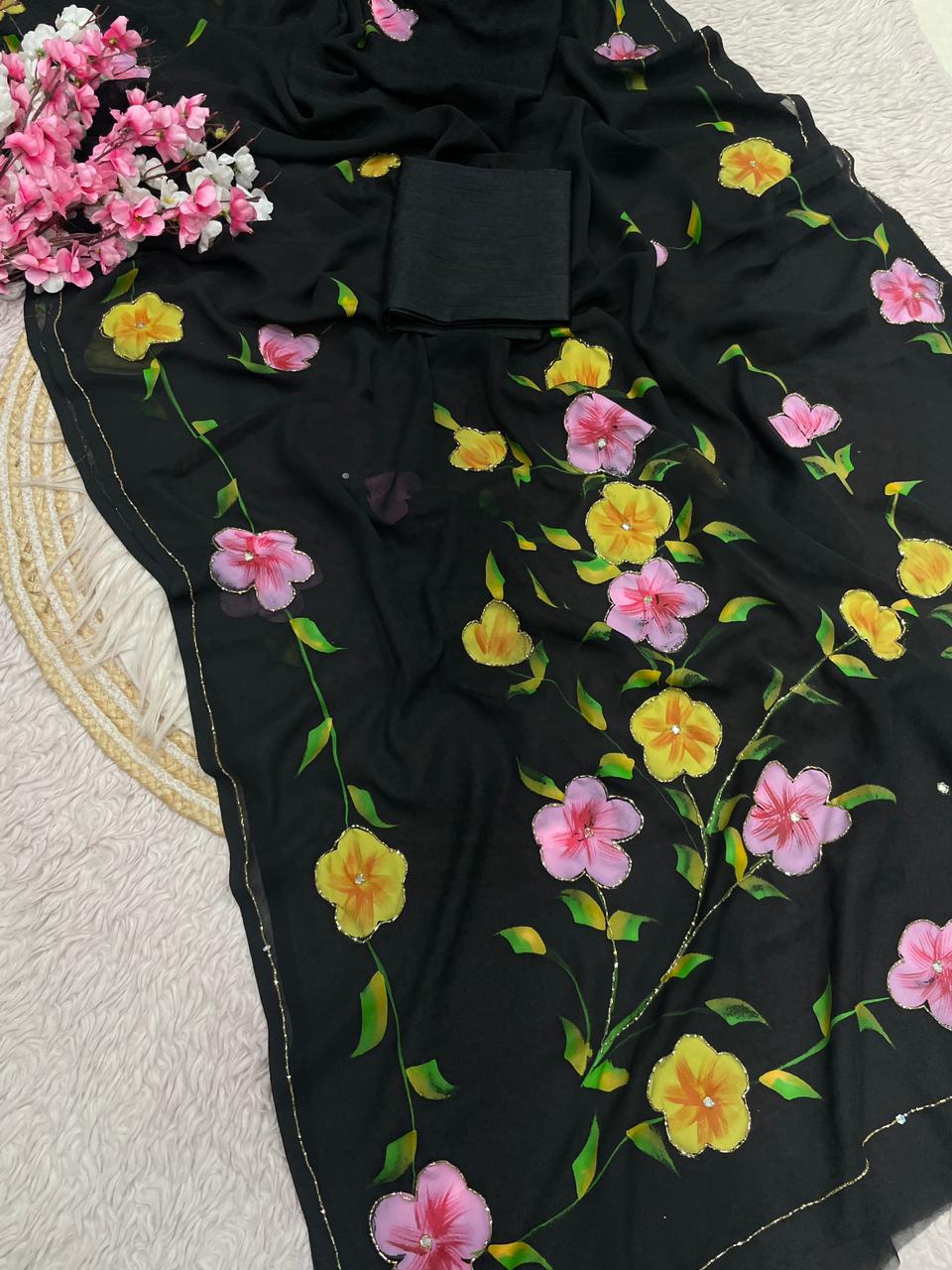 Hand Painted Black Floral Saree
