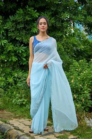 SKY BLUE CELEBRITY STYLE PEARL HANDWORK SAREE