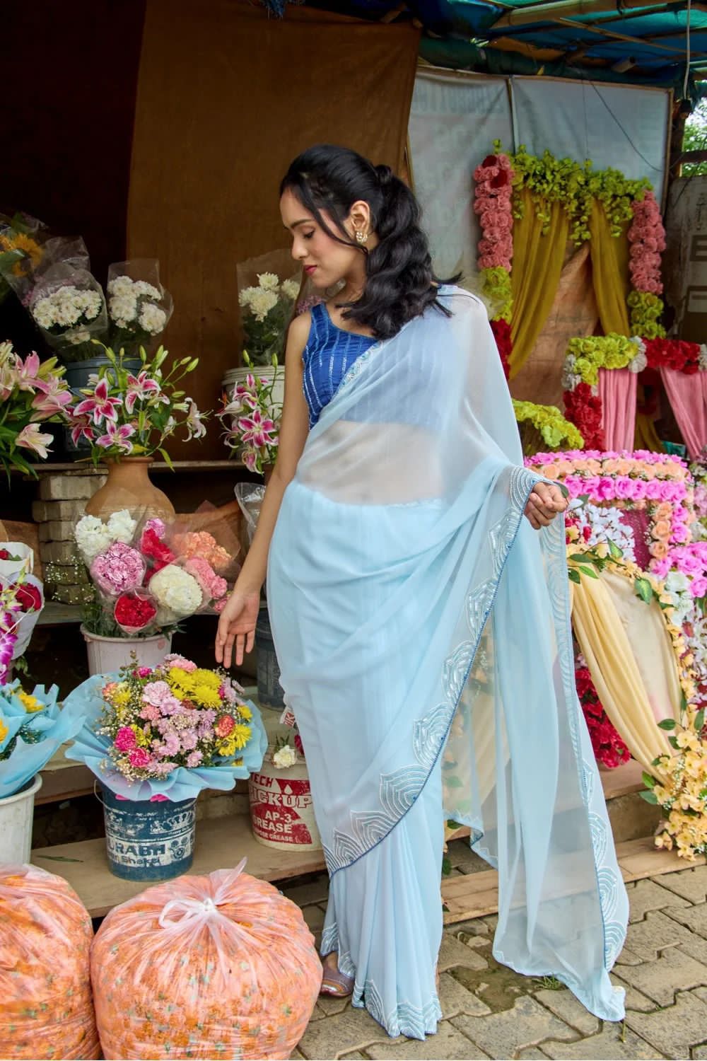SKY BLUE CELEBRITY STYLE PEARL HANDWORK SAREE