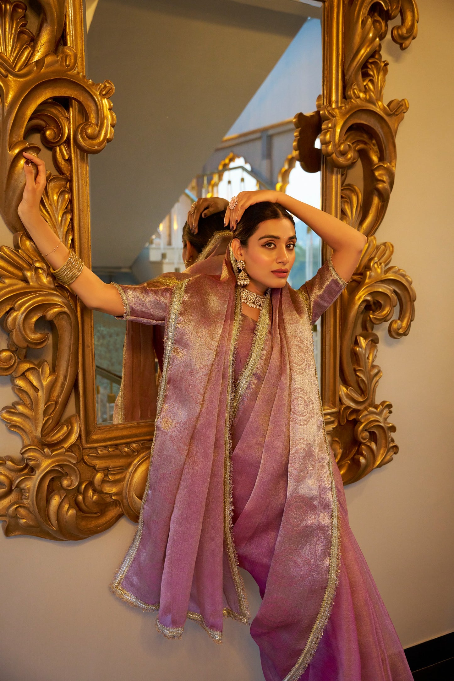 Shimmering in Zari Sequins Premium Pastal Saree