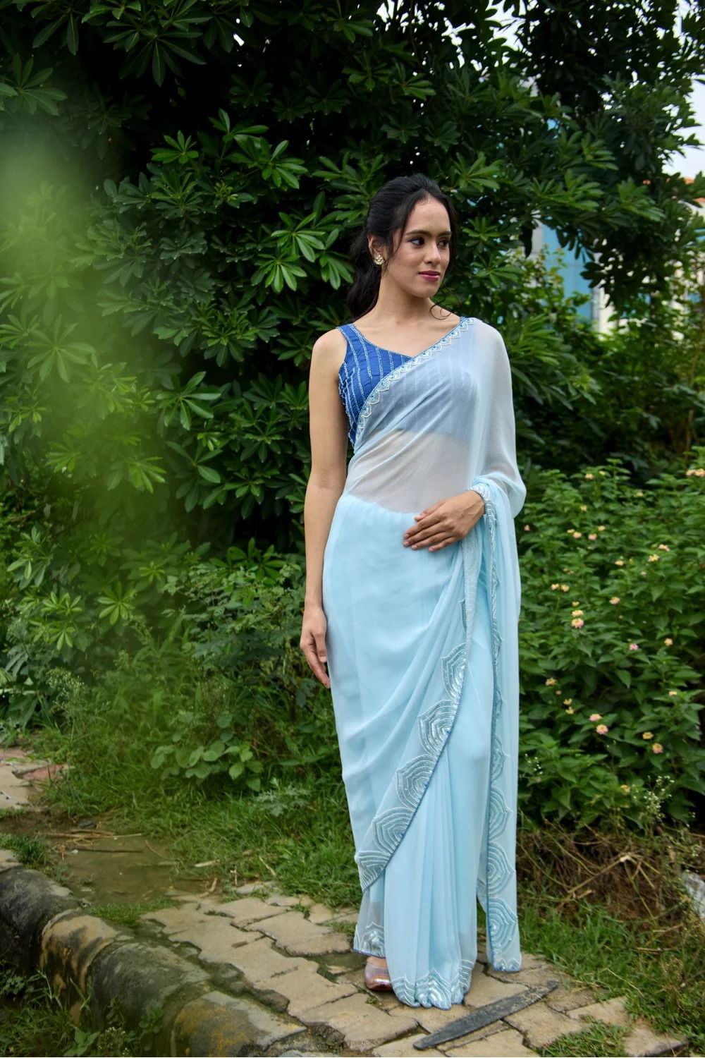 SKY BLUE CELEBRITY STYLE PEARL HANDWORK SAREE