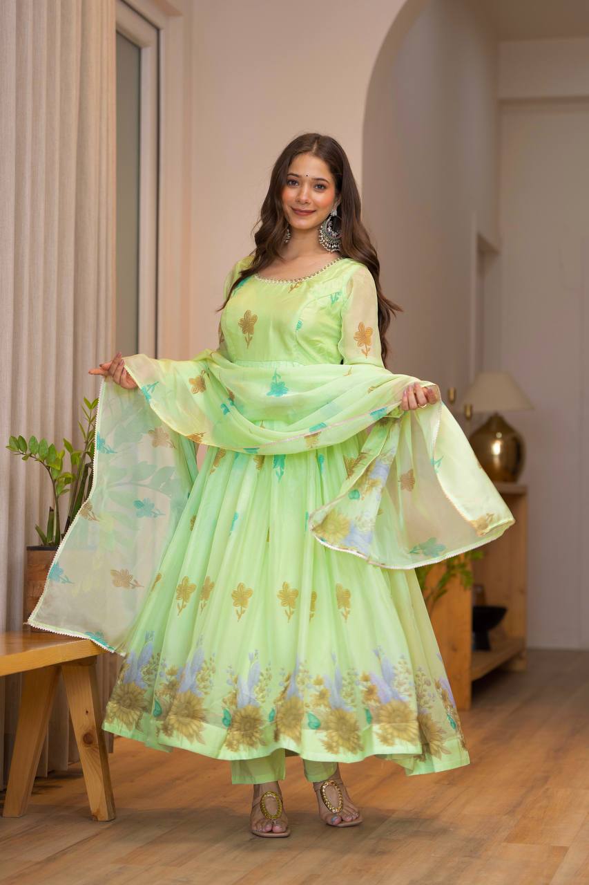 Light Green 💚 Organza Floral Print Ready To Wear Suit