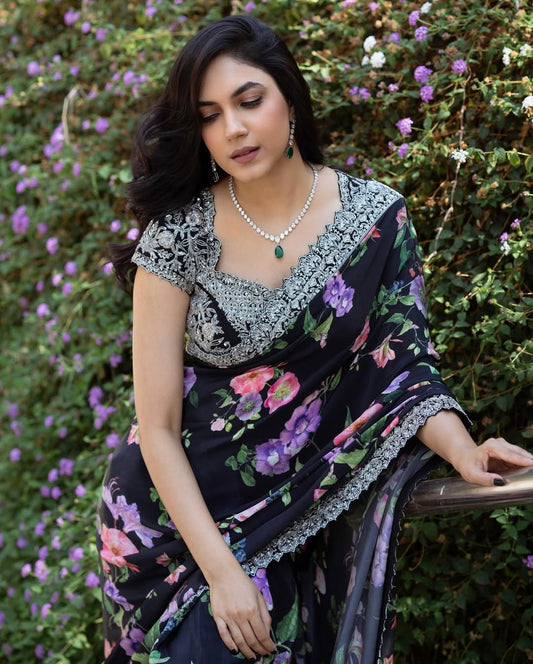 Floral Black Georgette Premium Print & Embroidered Work Saree