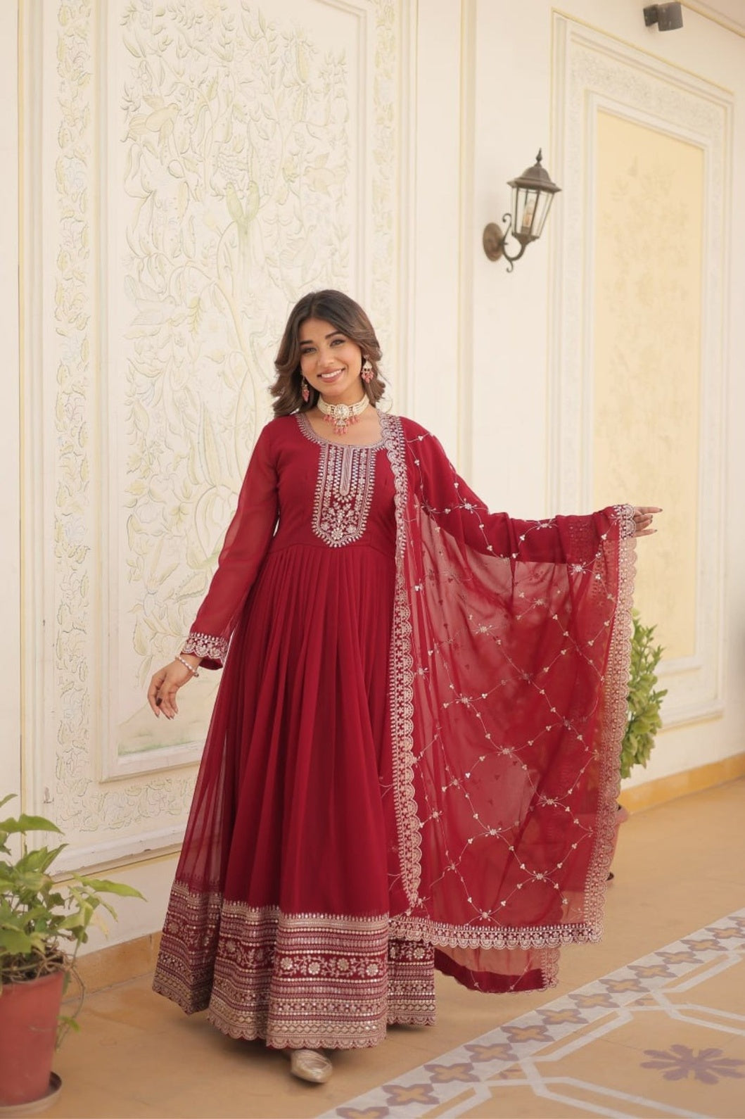 Maroon Premium Designer Gown Dupatta Set