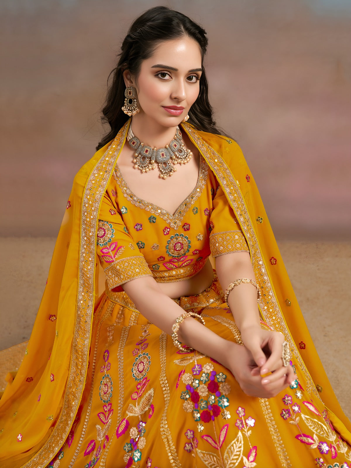 Sunlit Mustard Floral Embroidered Lehenga