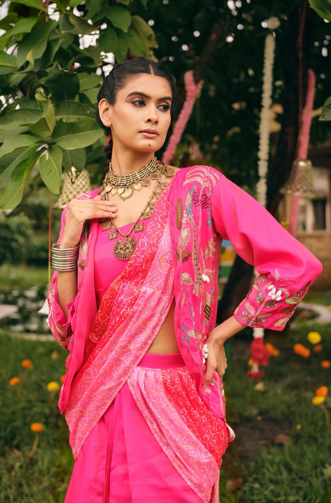 Indo Western Style Jacket Koti Drape Saree Set