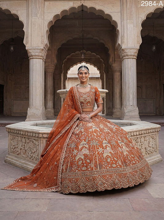 Ultra Premium Coconut Tree & flower Perfect Silk Bridal Lehenga