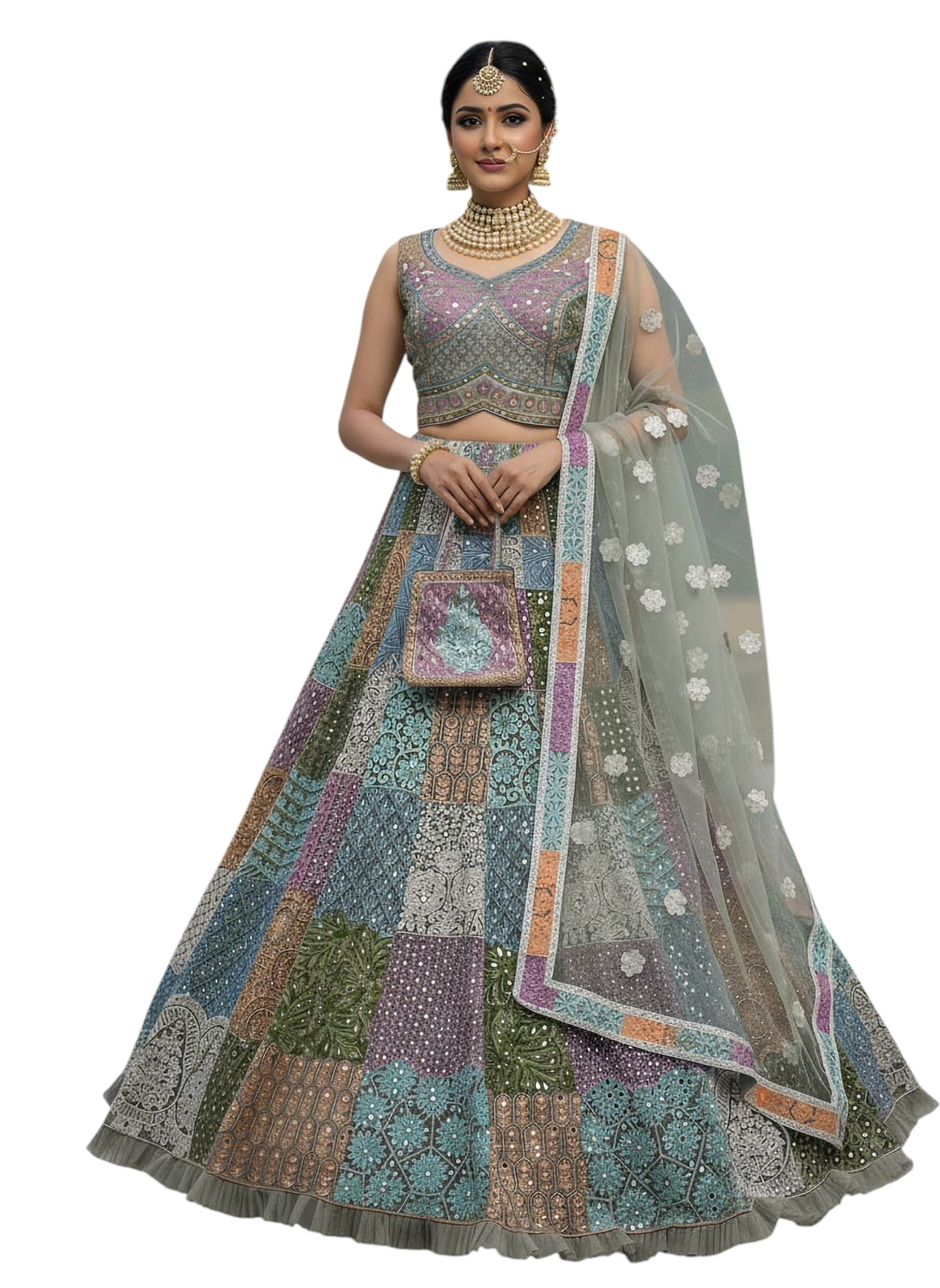Handworked Designer Made Full Flaired Chain Embroidery with Real Mirror work Designer Lehenga Choli