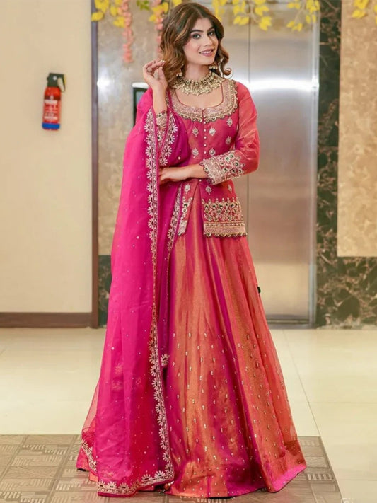 Premium Pink Fandy Silk Indo Western Lehanga Set