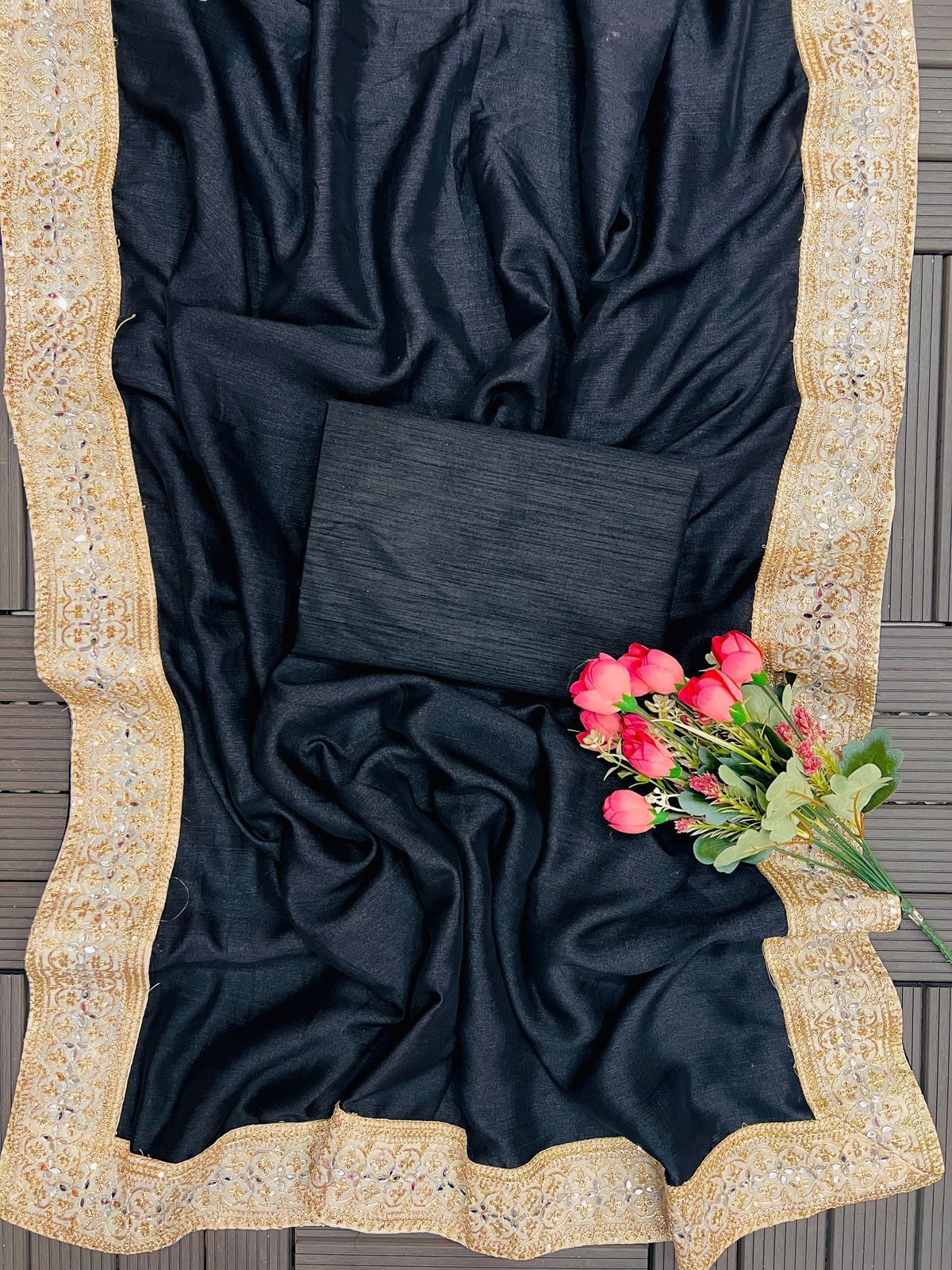 Royal Black Vichitra Silk Sequins Embroidered Saree