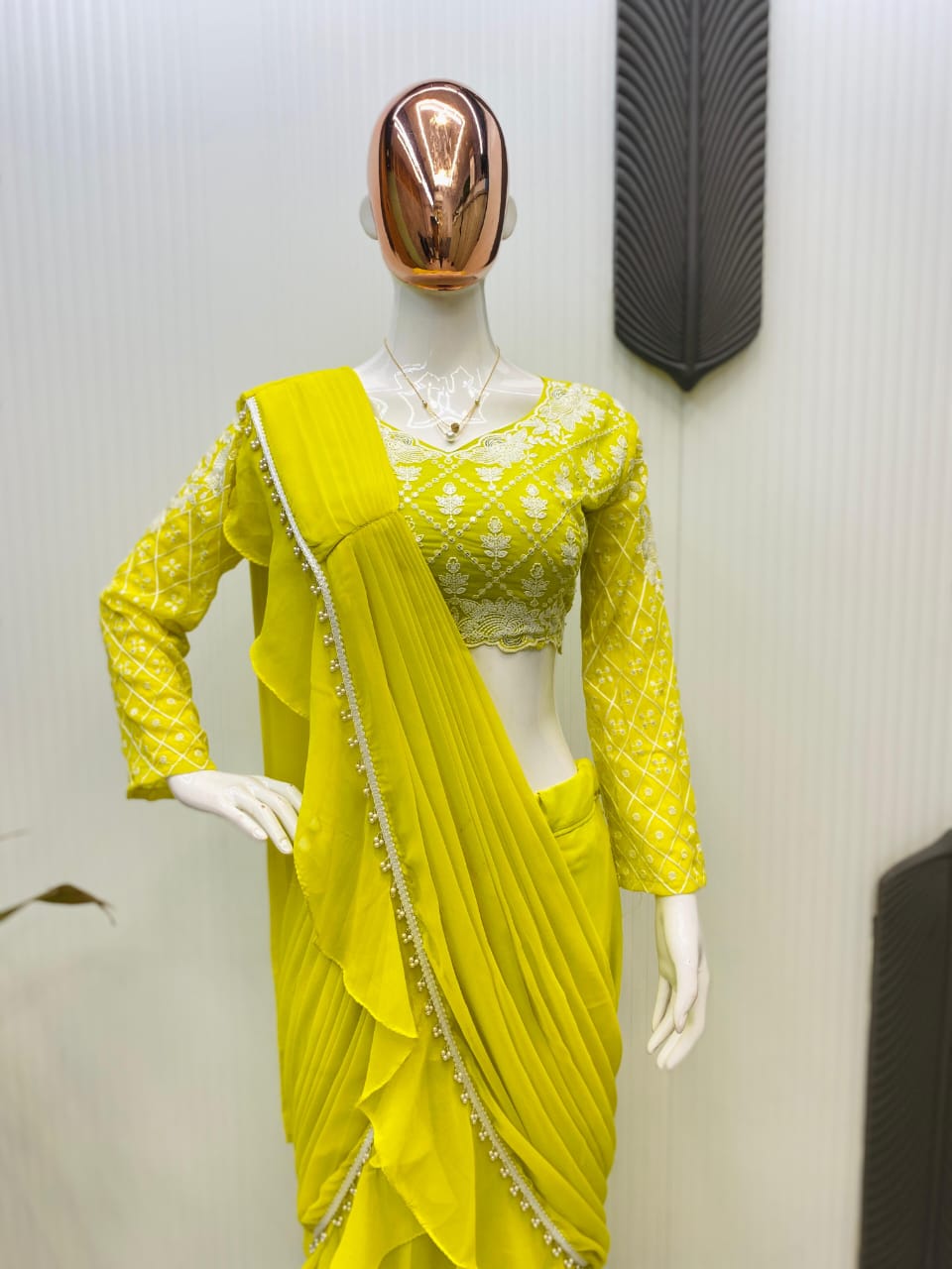 LEMON YELLOW RUFFLE READY TO WEAR SAREE