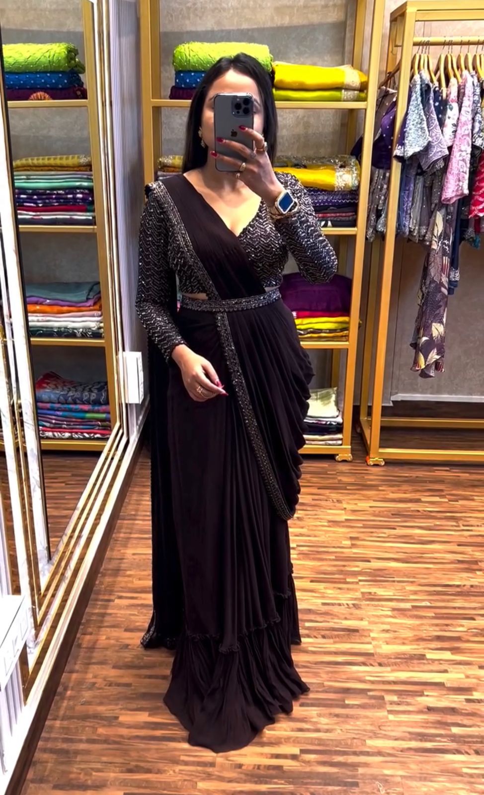 Effortless Pre Draped Ready To Wear Embroidered Sequins Work Saree