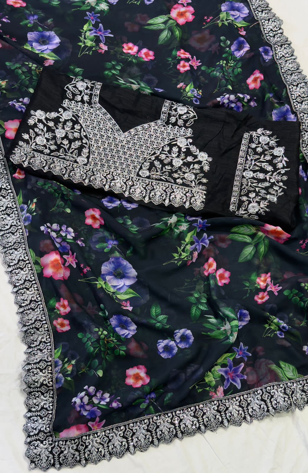 Floral Black Georgette Premium Print & Embroidered Work Saree