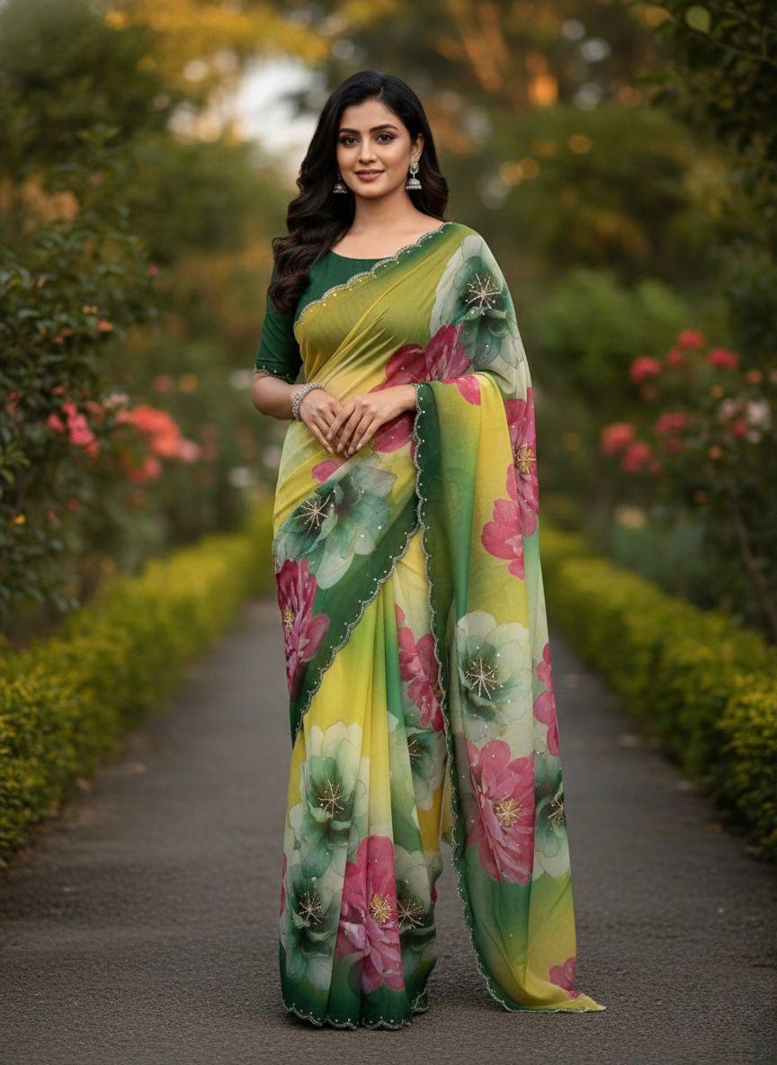 Floral Green Premium Organza Saree