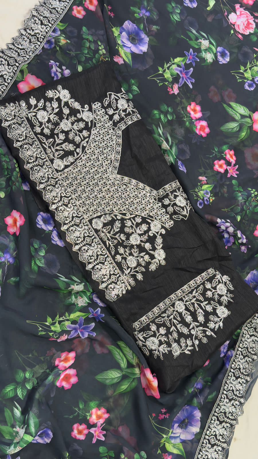 Floral Black Georgette Premium Print & Embroidered Work Saree