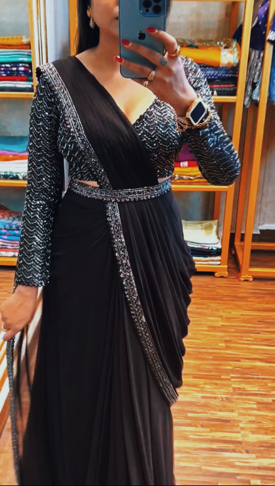 Effortless Pre Draped Ready To Wear Embroidered Sequins Work Saree