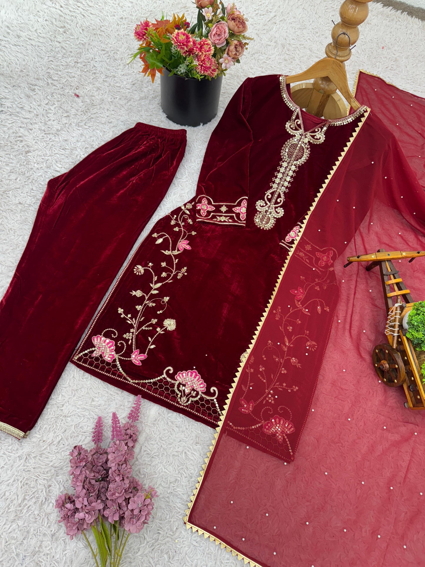 Maroon Velvet Awesome Ready To Wear Suit Set