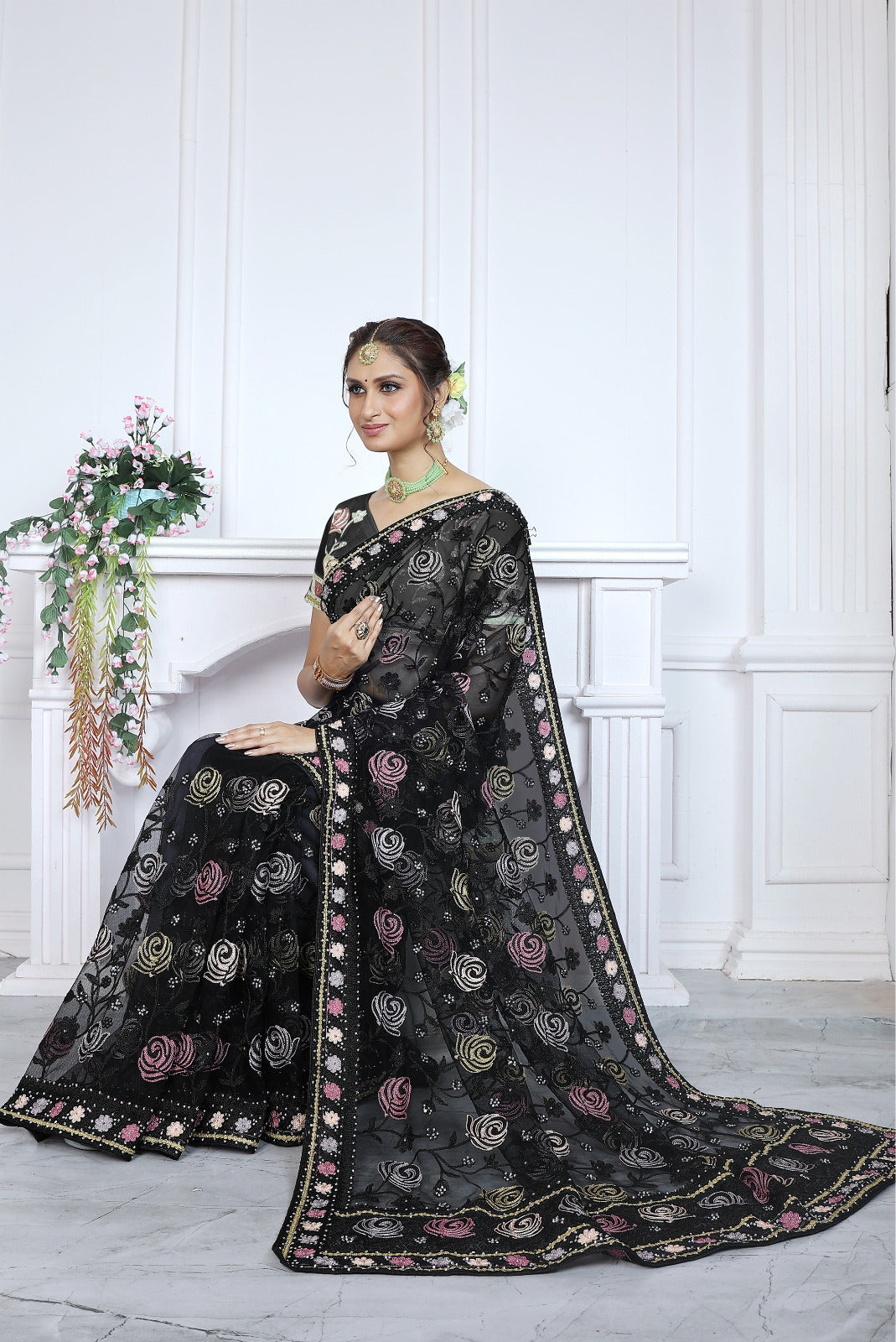 Black Stylish Butterfly Net Premium Saree