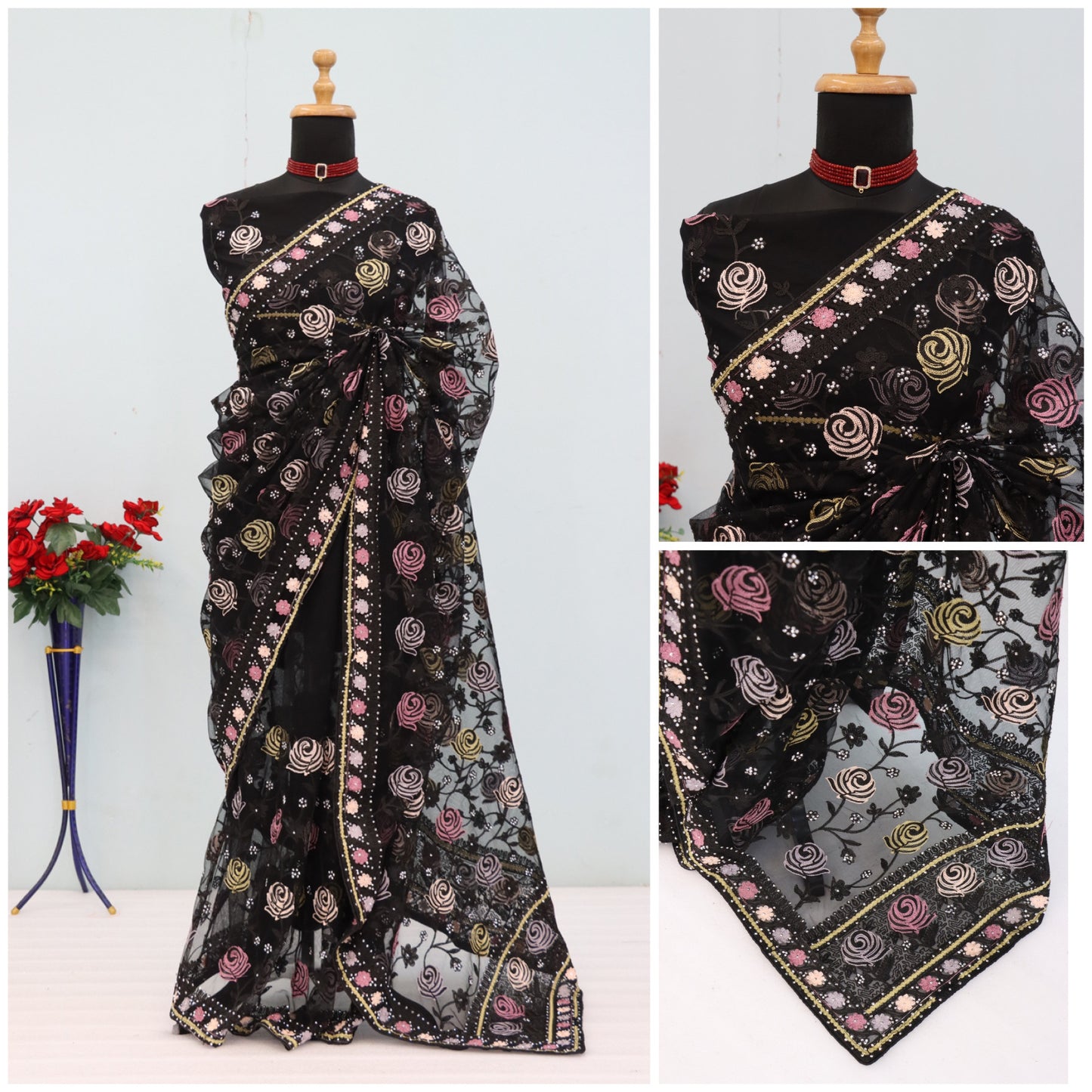 Black Stylish Butterfly Net Premium Saree