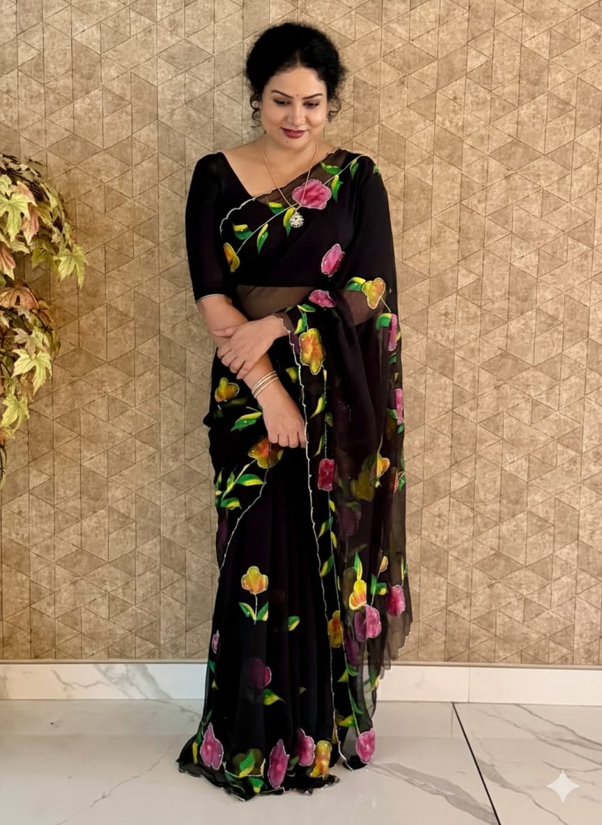 Hand Painted Black Floral Saree
