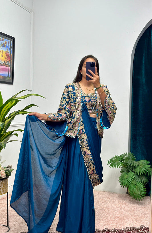 Indo Western Pre Draped Ready To Wear Jacket Koti Style Saree