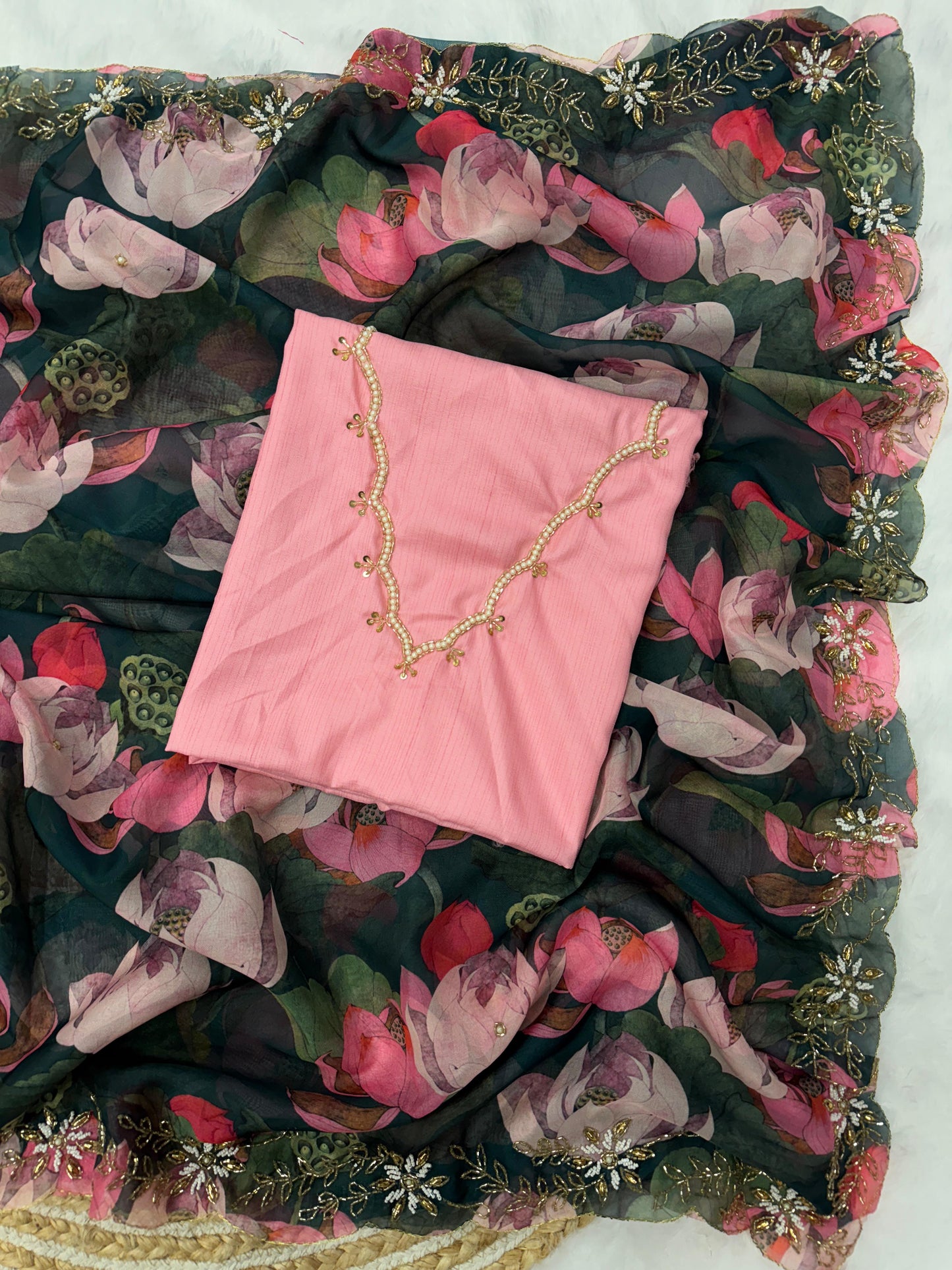 Timeless Premium Green Floral Creative Saree