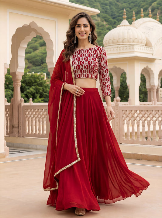 Rosy Red Embroidered Georgette Lehenga Set