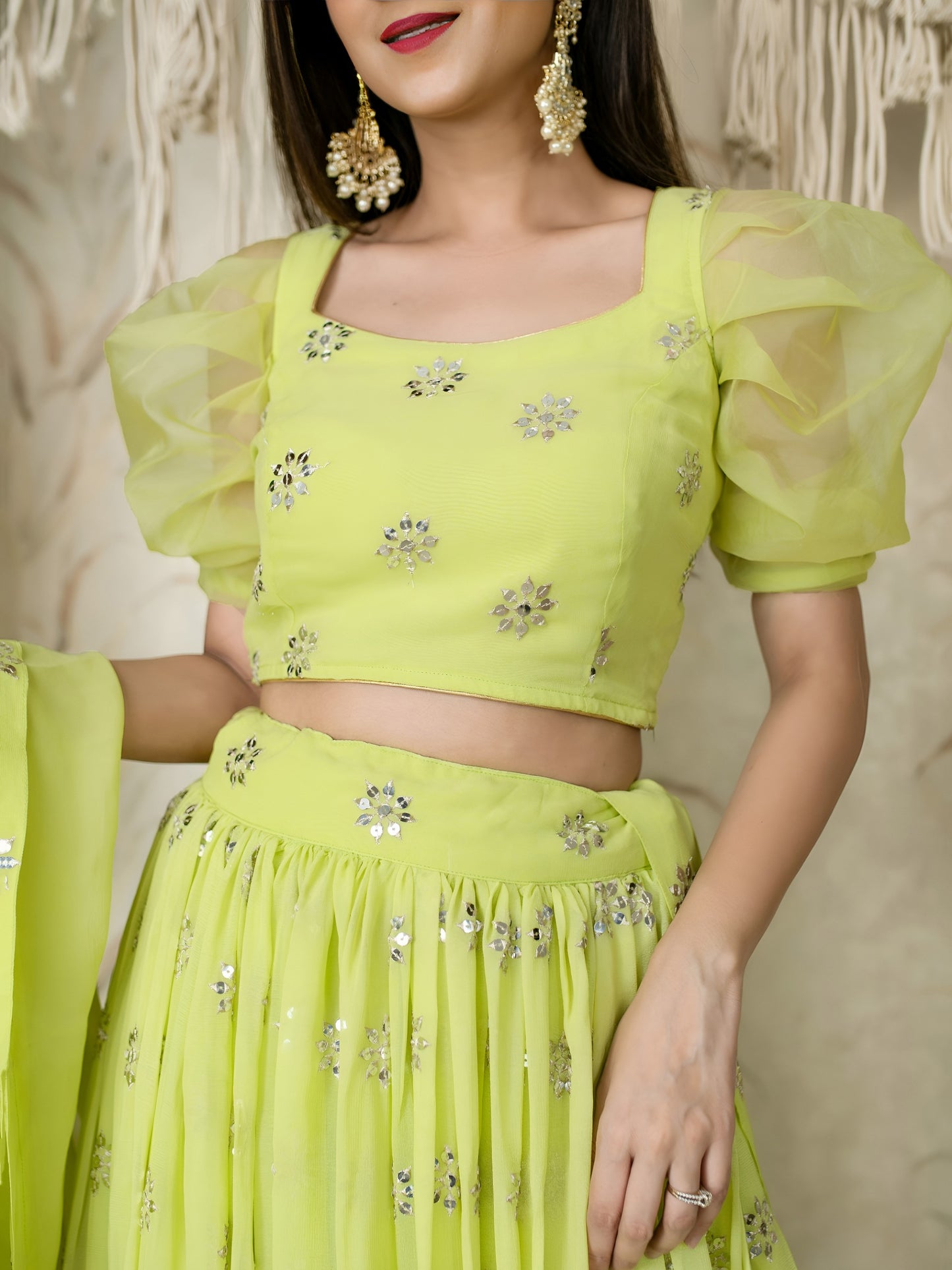 Lime Green Sequins Embroidered Lehenga