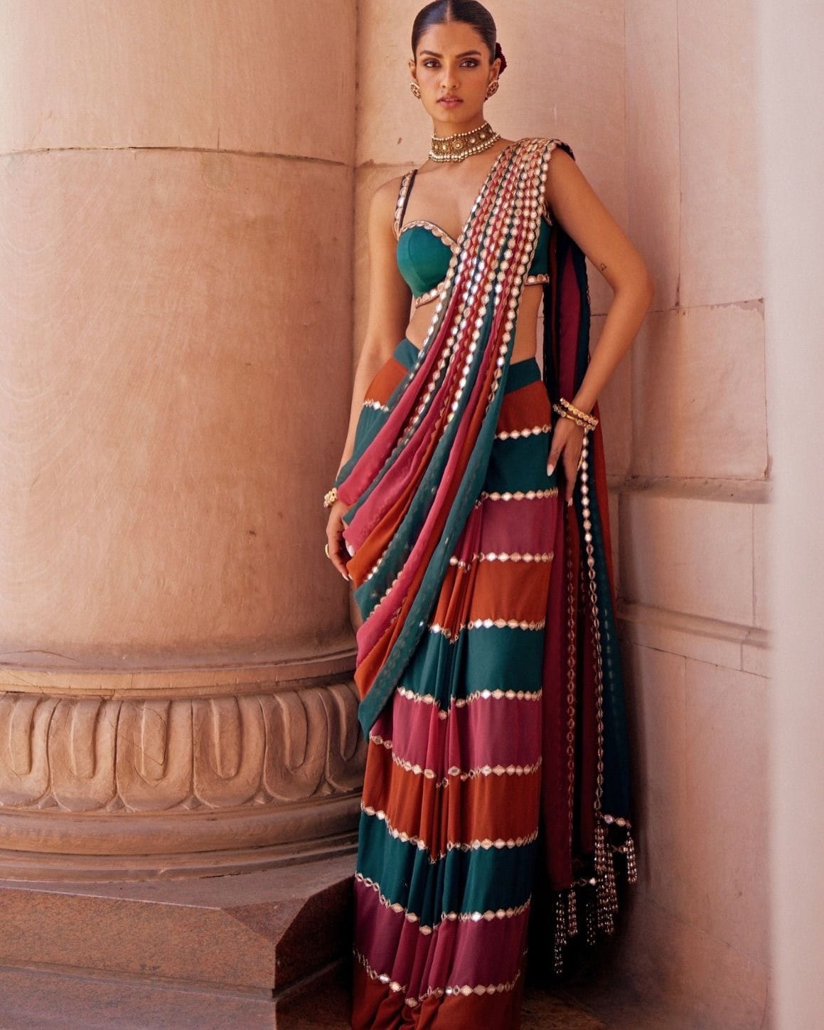 Mirror Work Bling Elegant Party Striped Saree