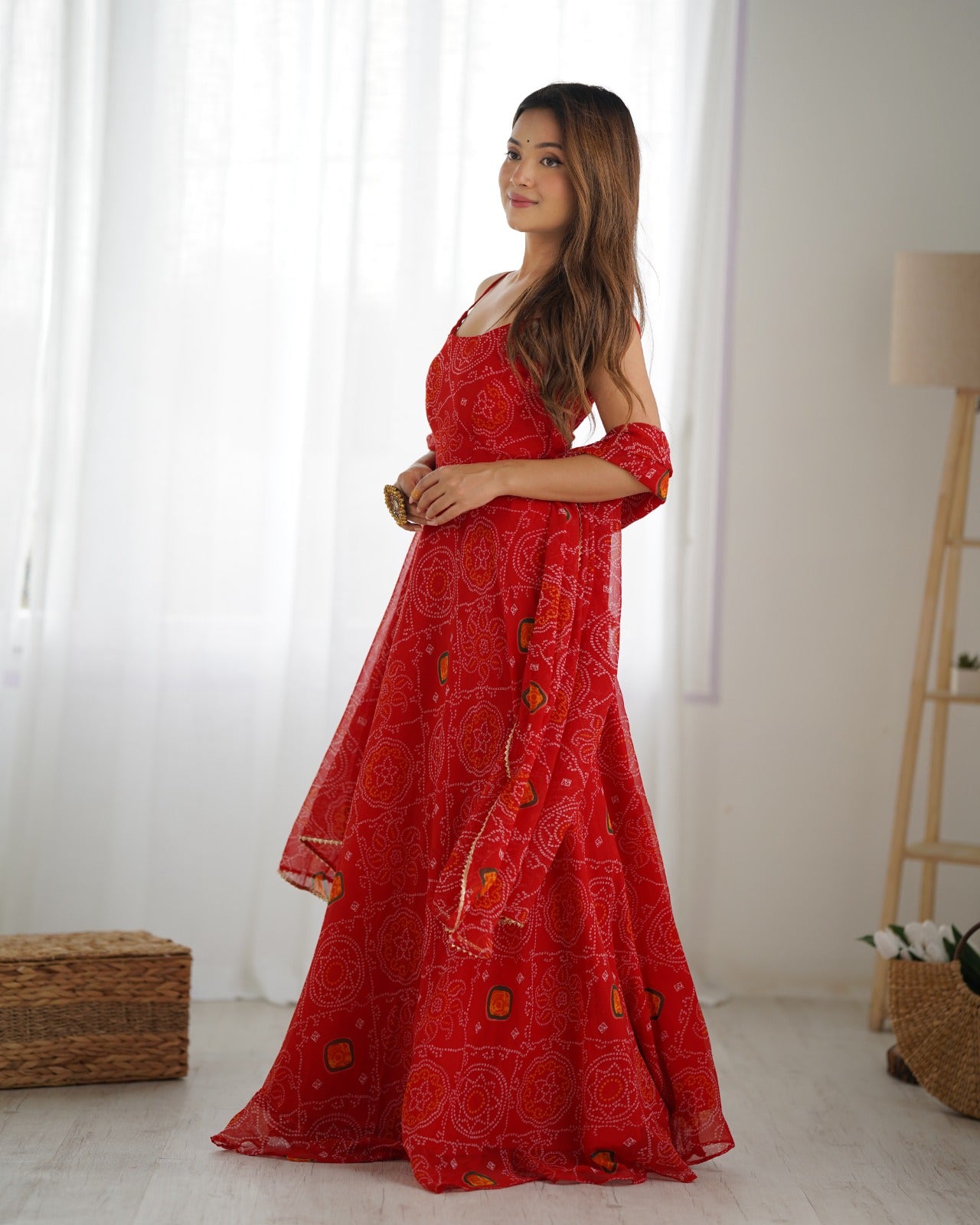 Red Rubrik Stylish Pure Soft Light Weight Chiffon Bandhej